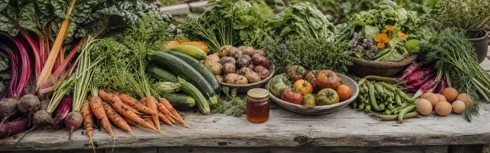 Fresh chard, carrots, courgettes, potatoes, tomatoes, herbs, eggs and honey on the farm sorting table