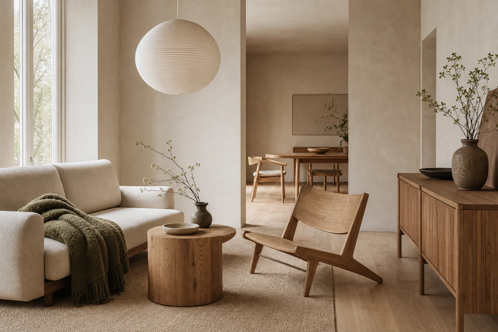 Quiet oak and linen living room with a sculptural chair and paper pendant