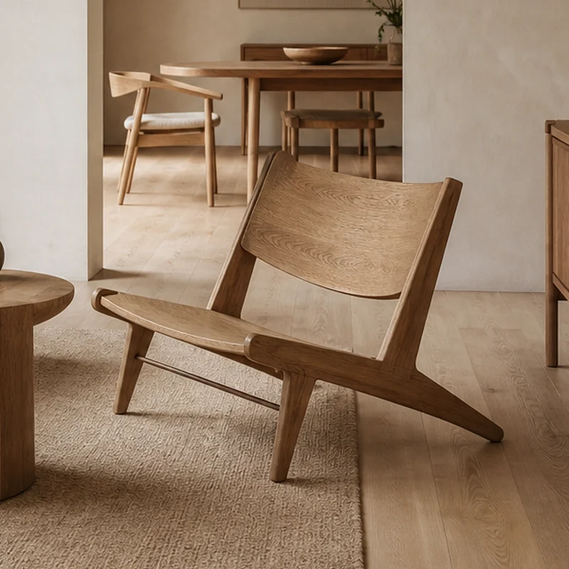 Fictional sculptural oak lounge chair in a quiet room