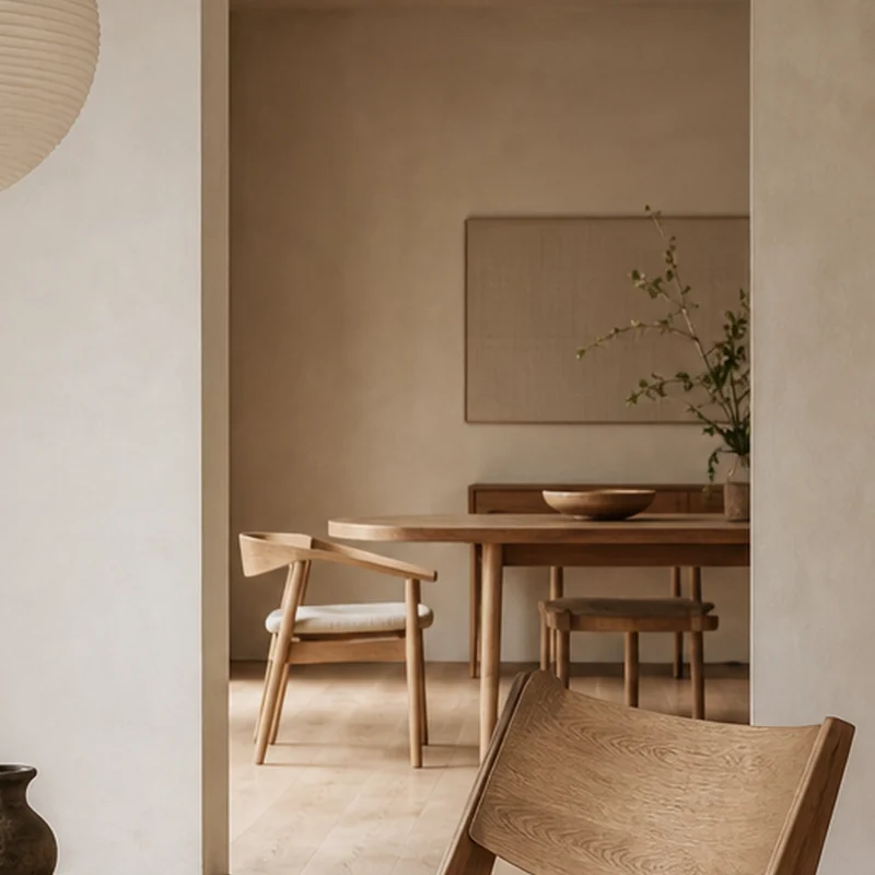 Fictional oak dining table and chairs in a limewashed room