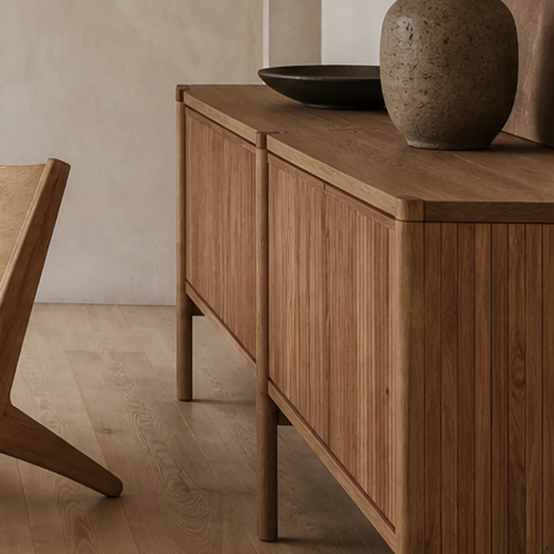Fictional oak sideboard with handmade stoneware