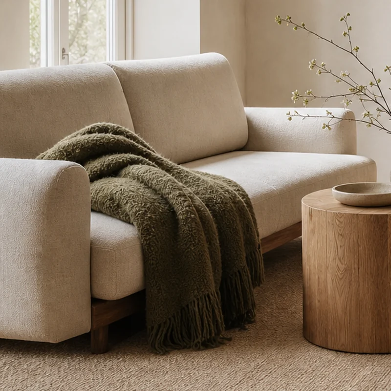 Fictional moss wool throw folded over a pale linen sofa