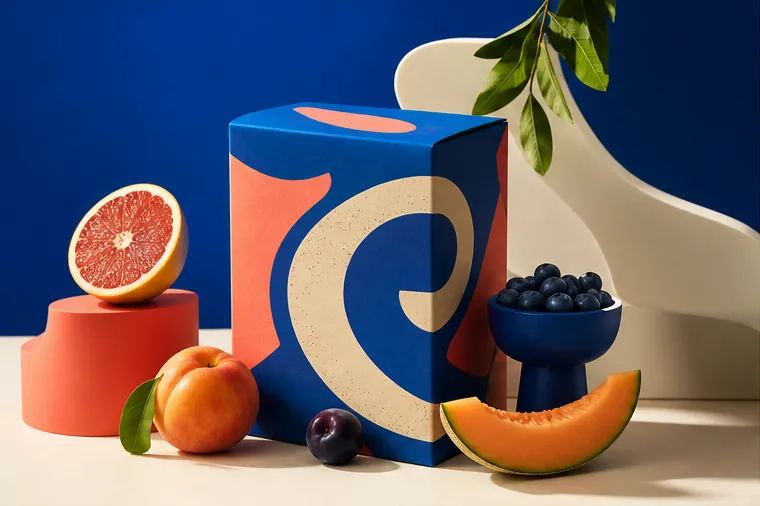 Fictional cobalt and coral food-packaging identity with sculptural fruit