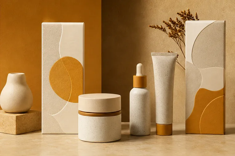 Fictional ochre and ivory skincare packaging system