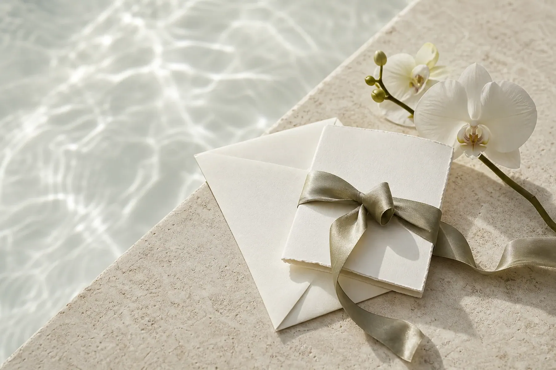 Ivory gift card, envelope, sage ribbon and orchid arranged beside rippling water
