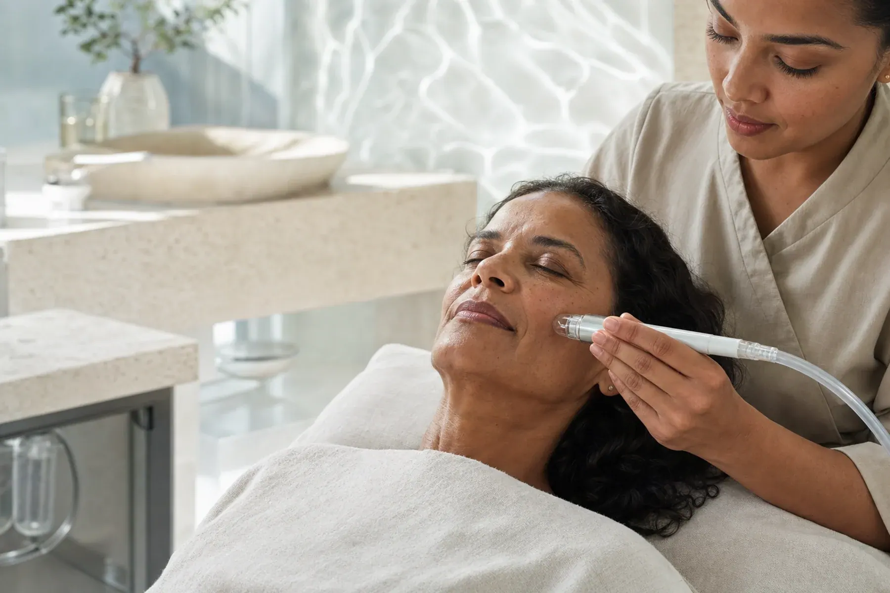 Therapist using a clear-tipped professional hydration handpiece on a client’s cheek