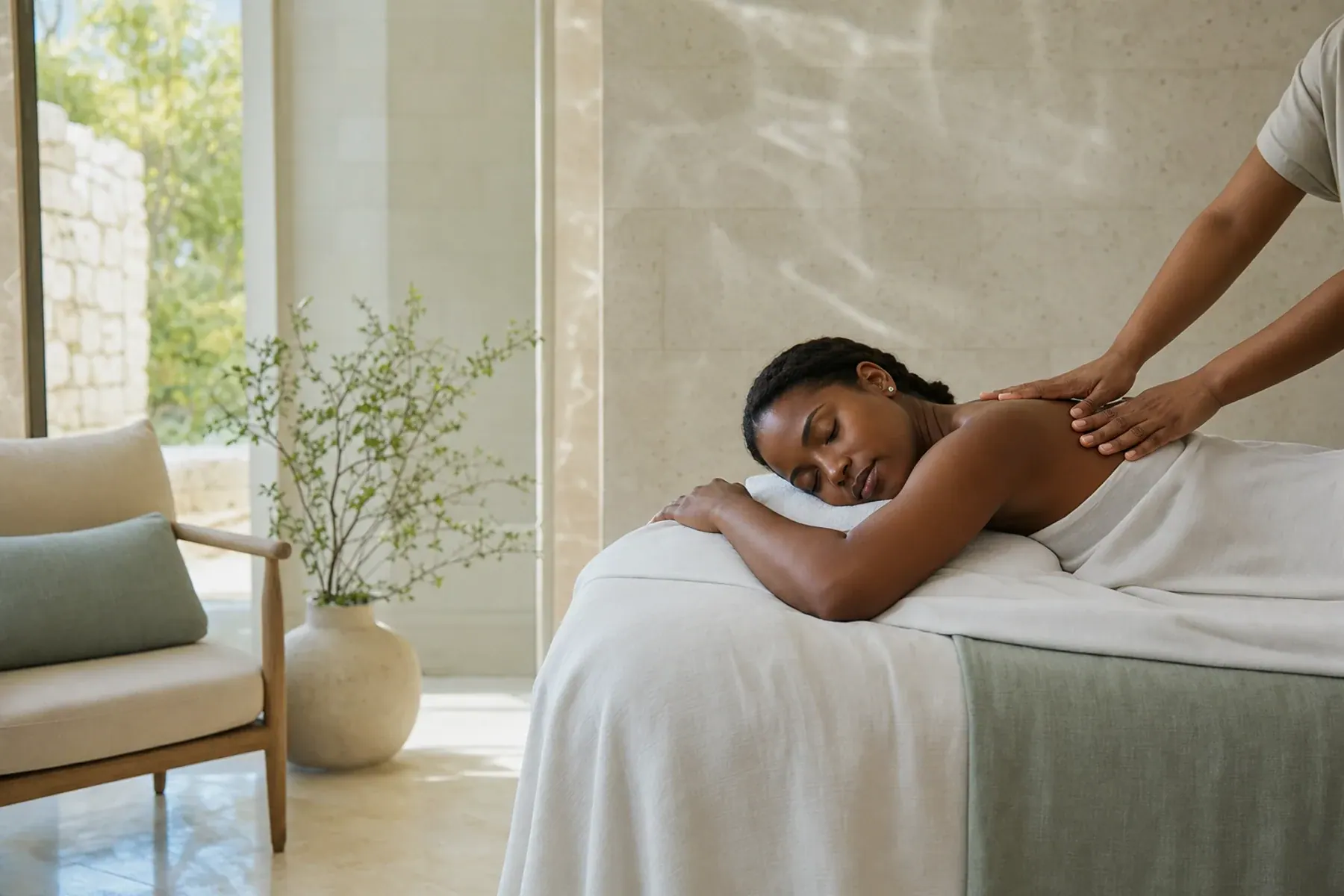 Client receiving a professionally draped shoulder and upper-back massage in a serene treatment room