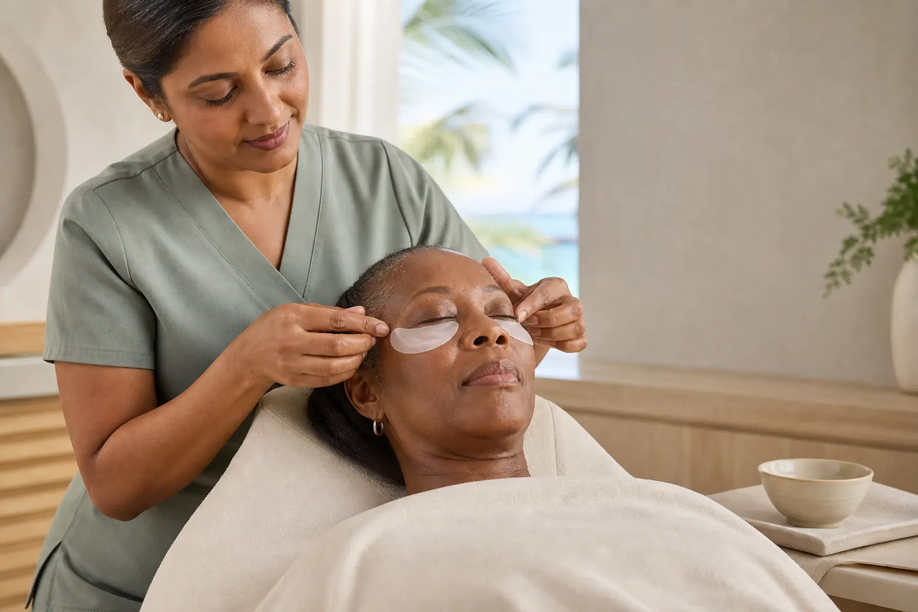 Skin therapist positioning cooling crescent patches beneath an adult client's eyes