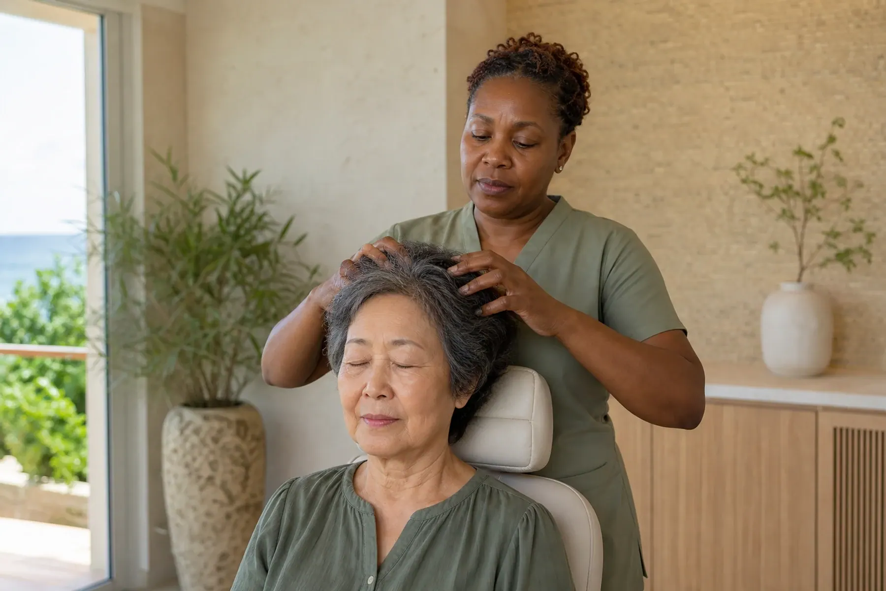 Massage therapist applying circular fingertip pressure to a seated mature adult client's scalp