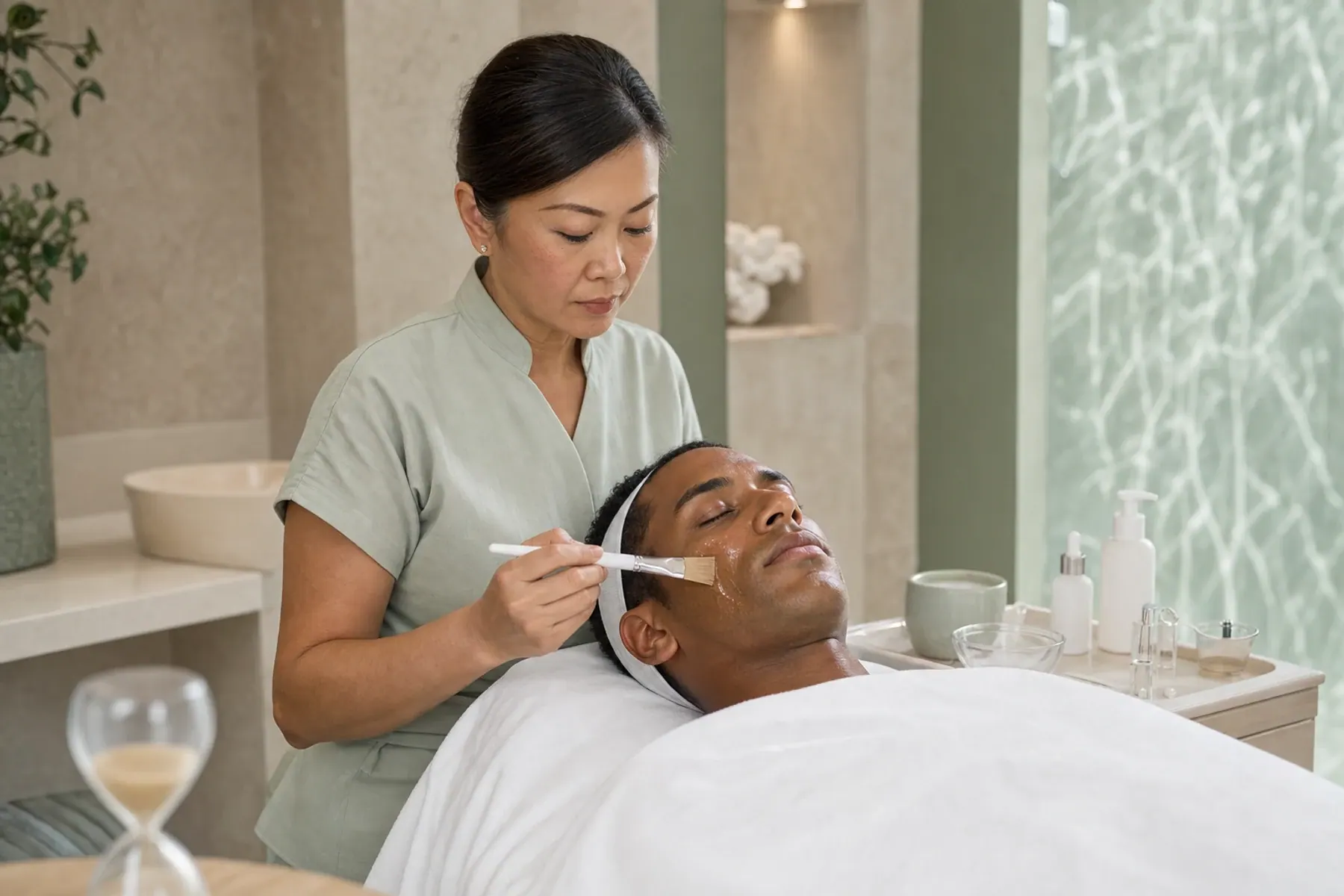 Skin therapist applying a targeted facial serum to an adult man's cheek