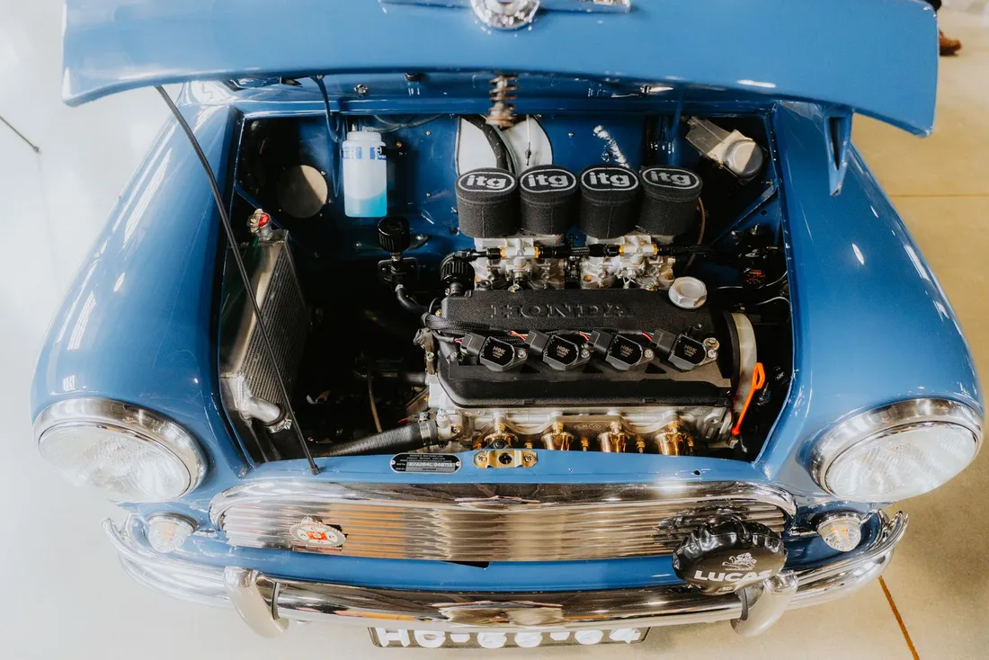 Classic car engine bay with the hood open