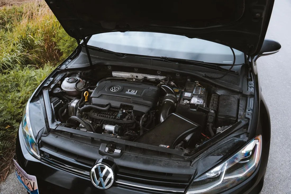Volkswagen engine bay with the hood open
