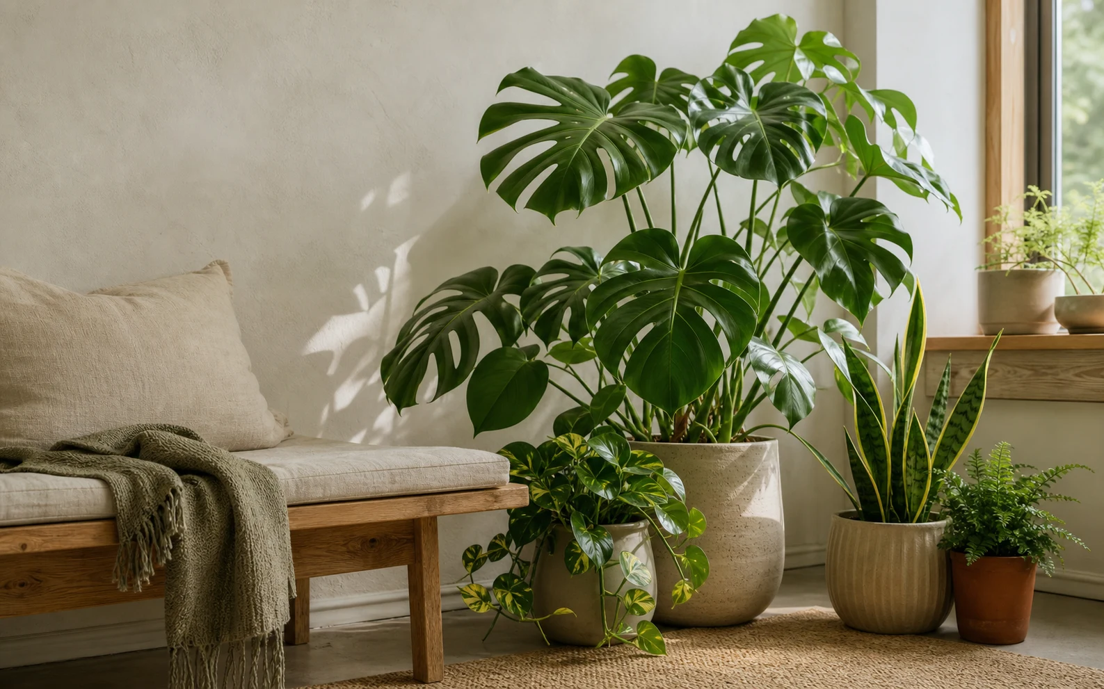 Lush houseplants on a bright windowsill in a modern interior