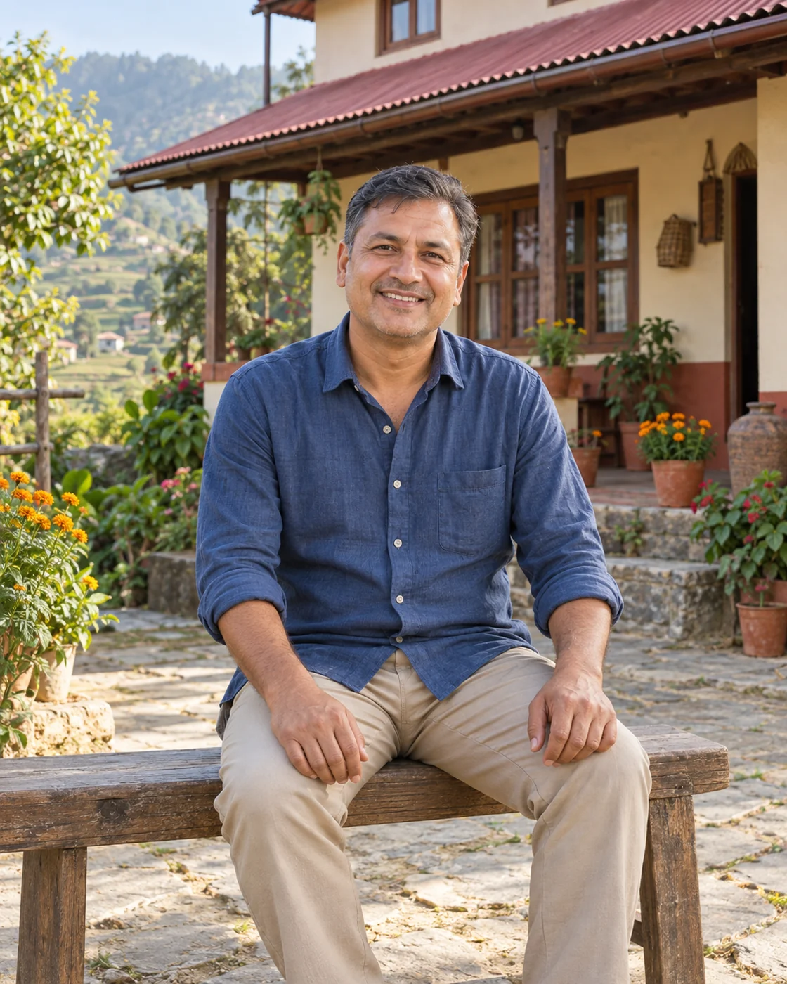 Milan Sharma smiling while seated outside the homestay