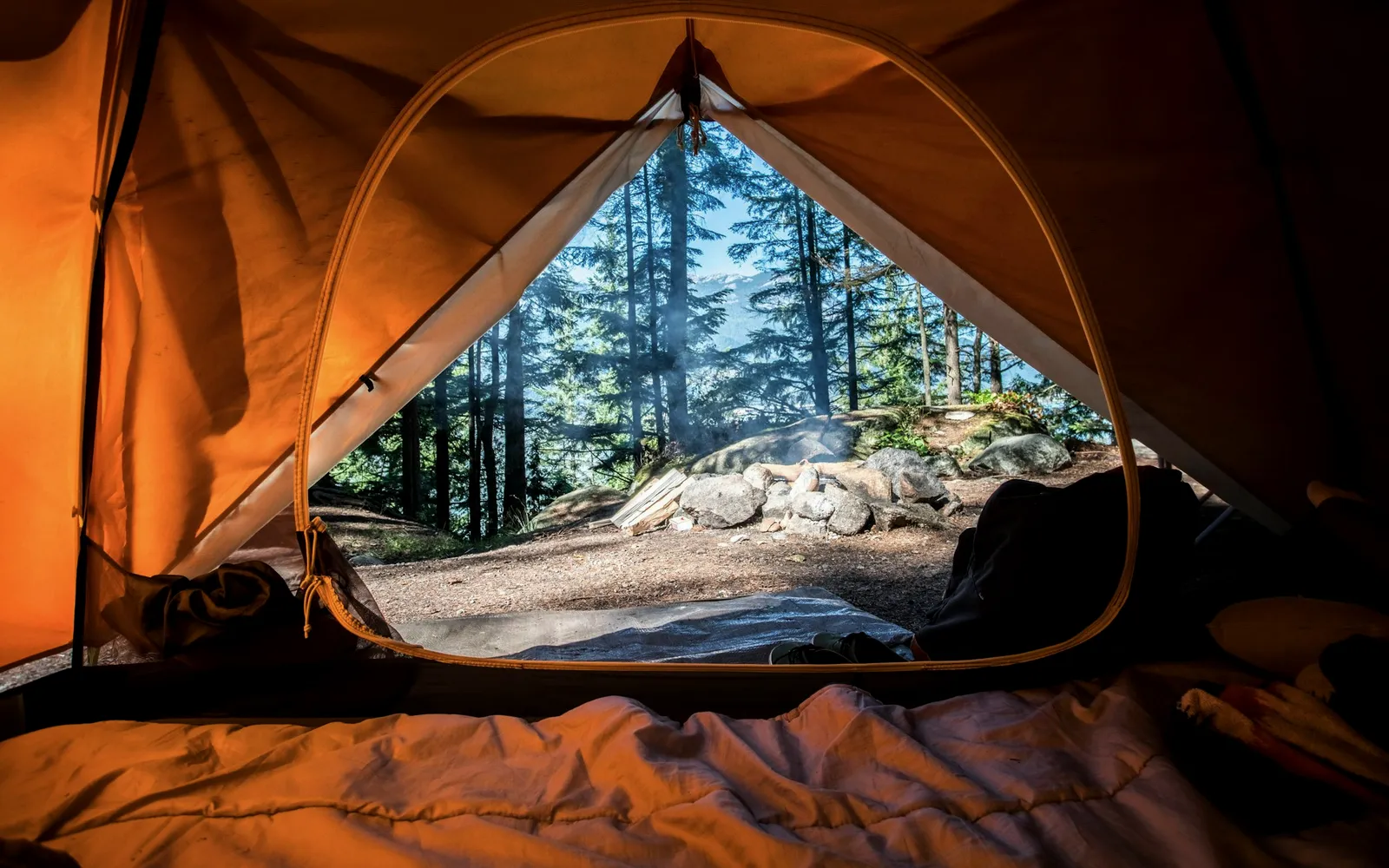 Tents glowing at dawn in a mountain meadow