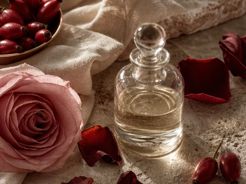 Clear botanical oil with rose petals and rosehip