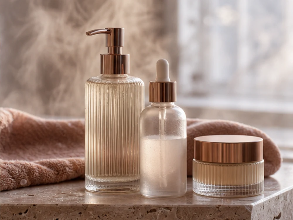 Unbranded glass skincare vessels beside a folded towel