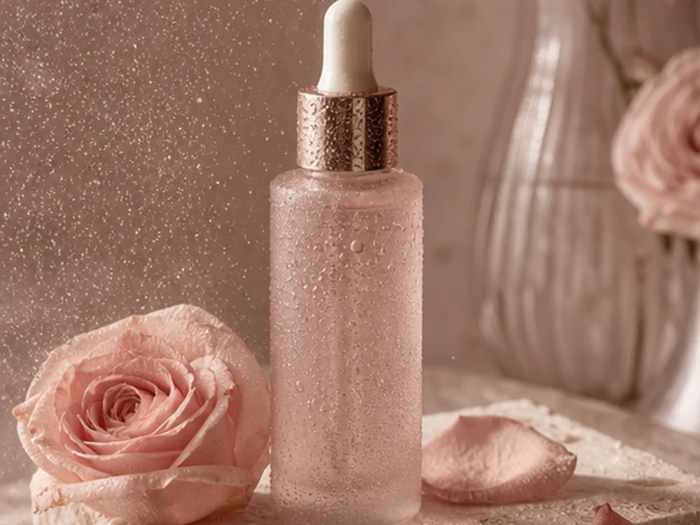 Illustrative unbranded rosewater bottle in soft blush light