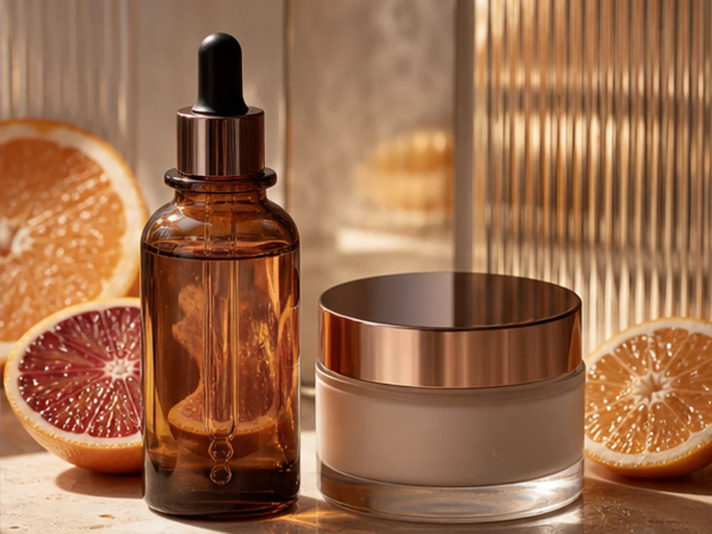 Unbranded amber serum bottle and cream jar in warm light