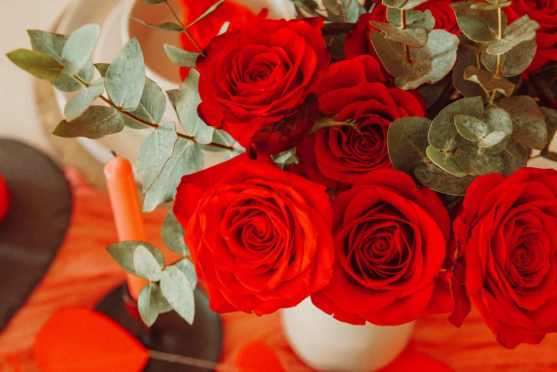 Close-up photograph of a bouquet of red roses