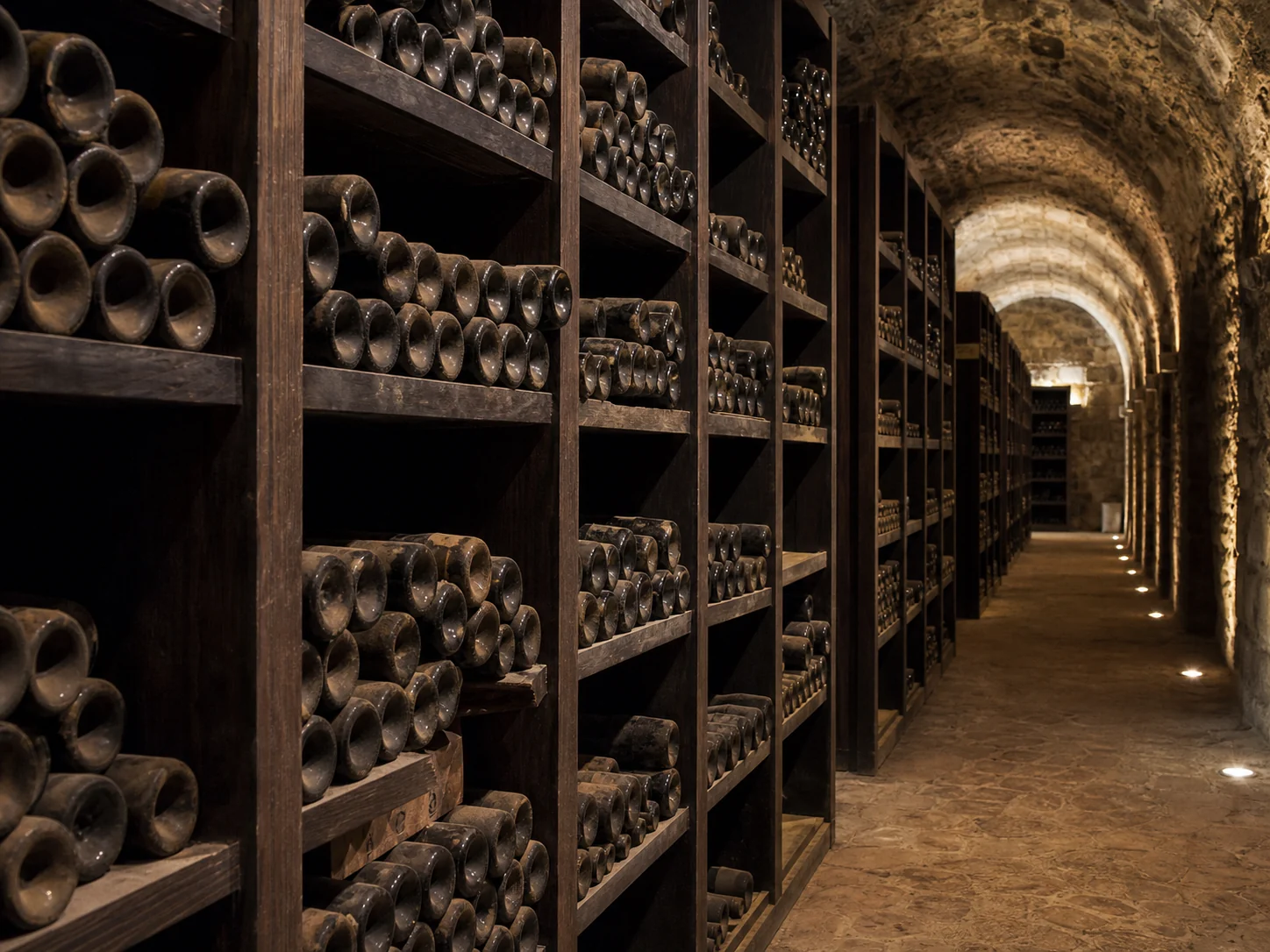 Stone-vaulted wine cellar at SOLERA with bottle racks in candlelit corridor