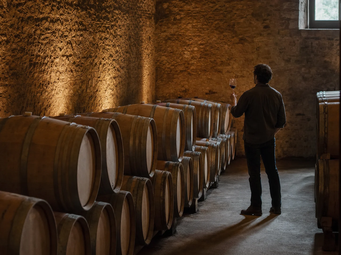 Winemaker inspecting a glass of red wine beside oak barrels
