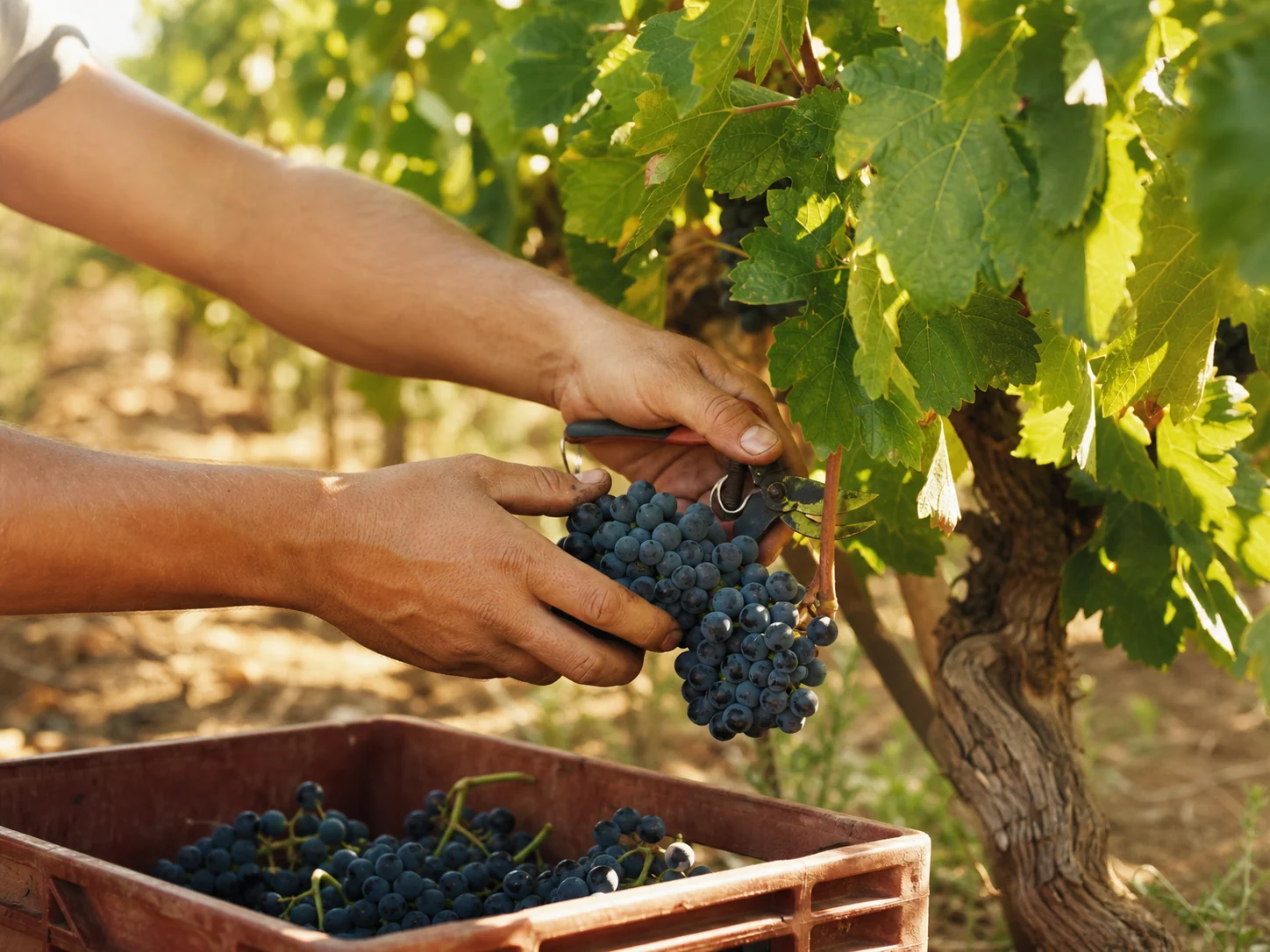 Clusters of dark grapes ready for harvest on the vine