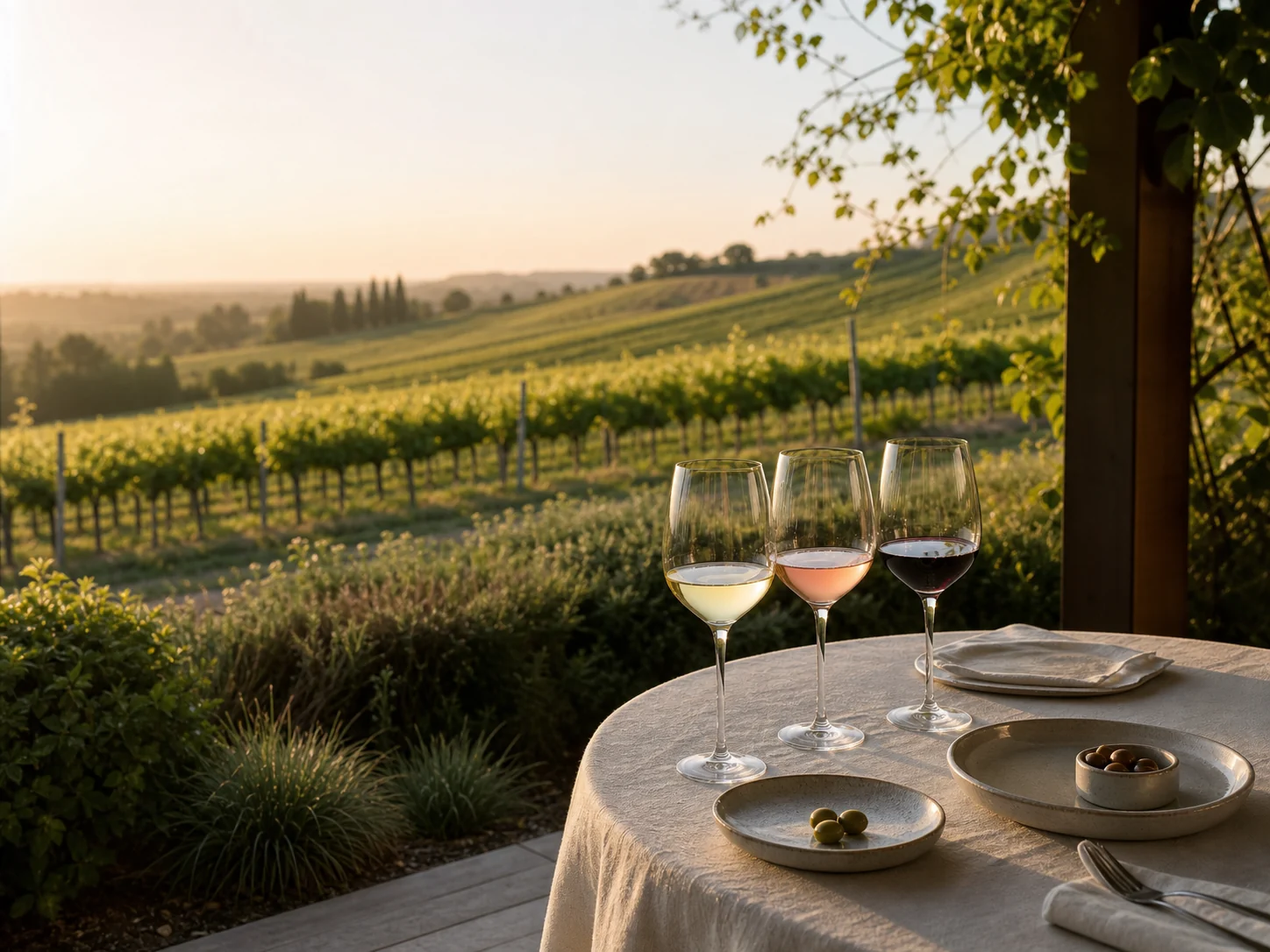 Stone terrace with vineyard views at SOLERA estate tasting area