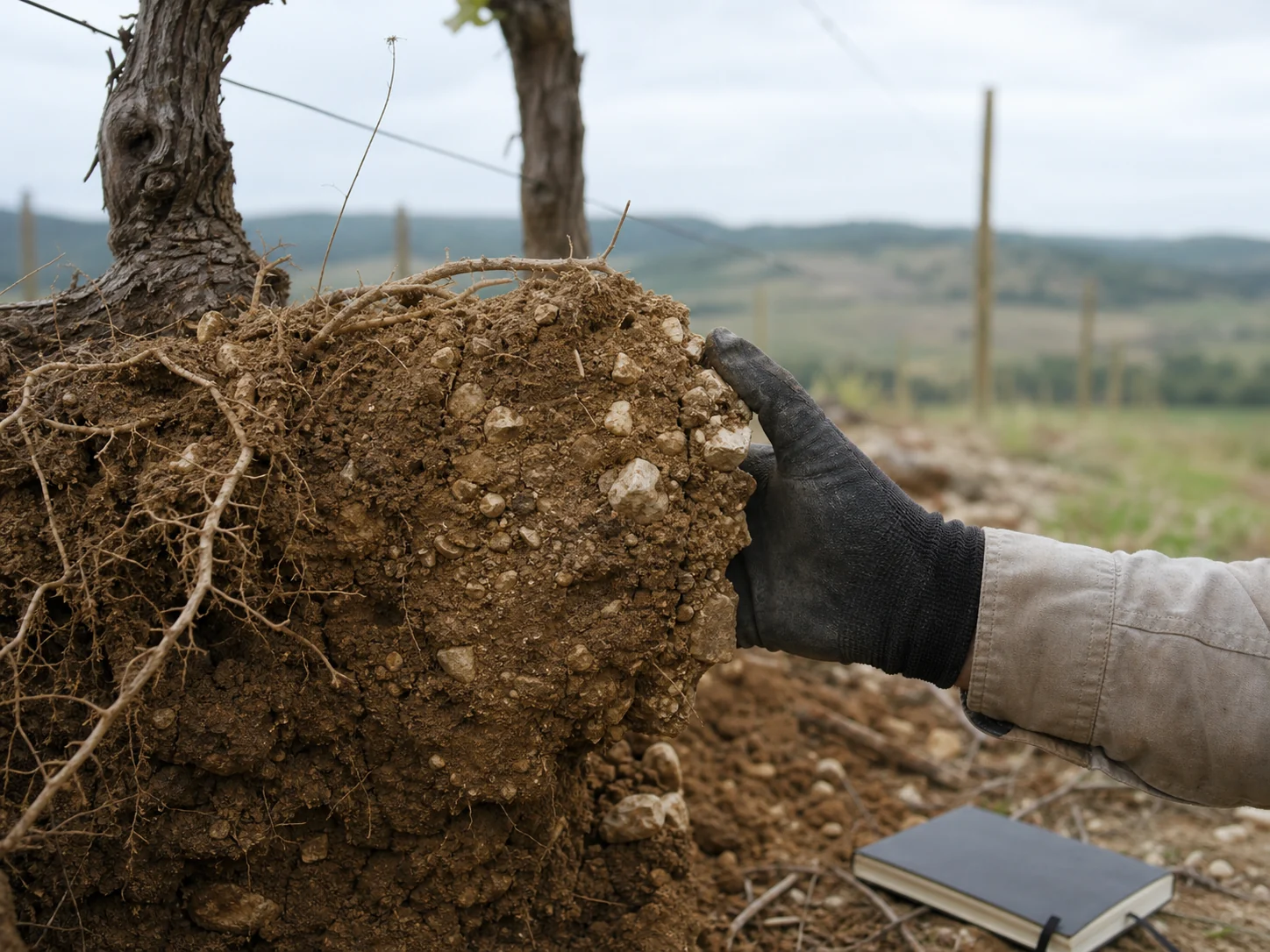 Close view of layered vineyard soil showing earth and roots