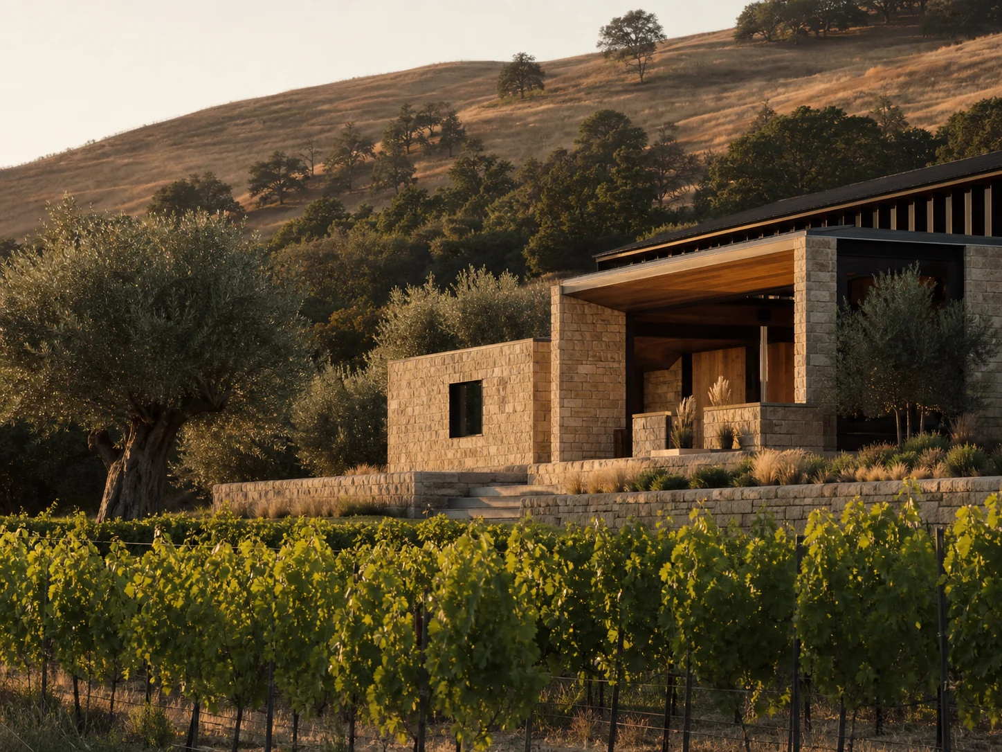Rolling vineyard rows at SOLERA estate at golden hour