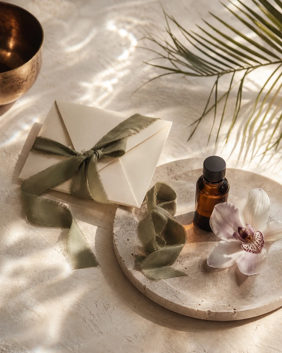 Seasonal treatment presentation with an orchid in warm coastal light