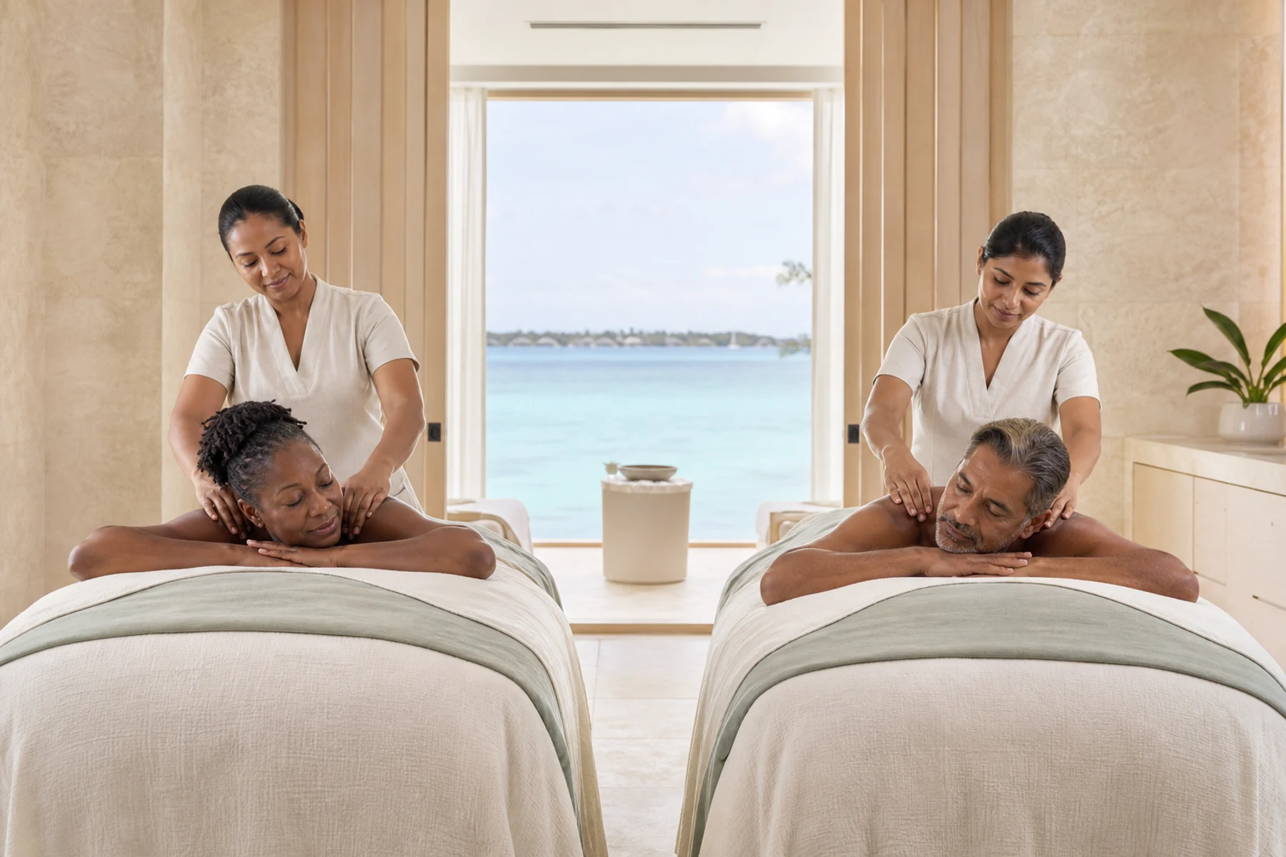 Two professionally draped adult clients receiving side-by-side shoulder massage from separate therapists
