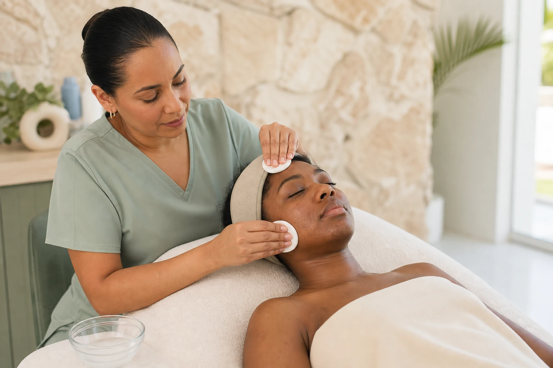 Esthetician using clean cotton pads during an adult client's deep-cleansing facial