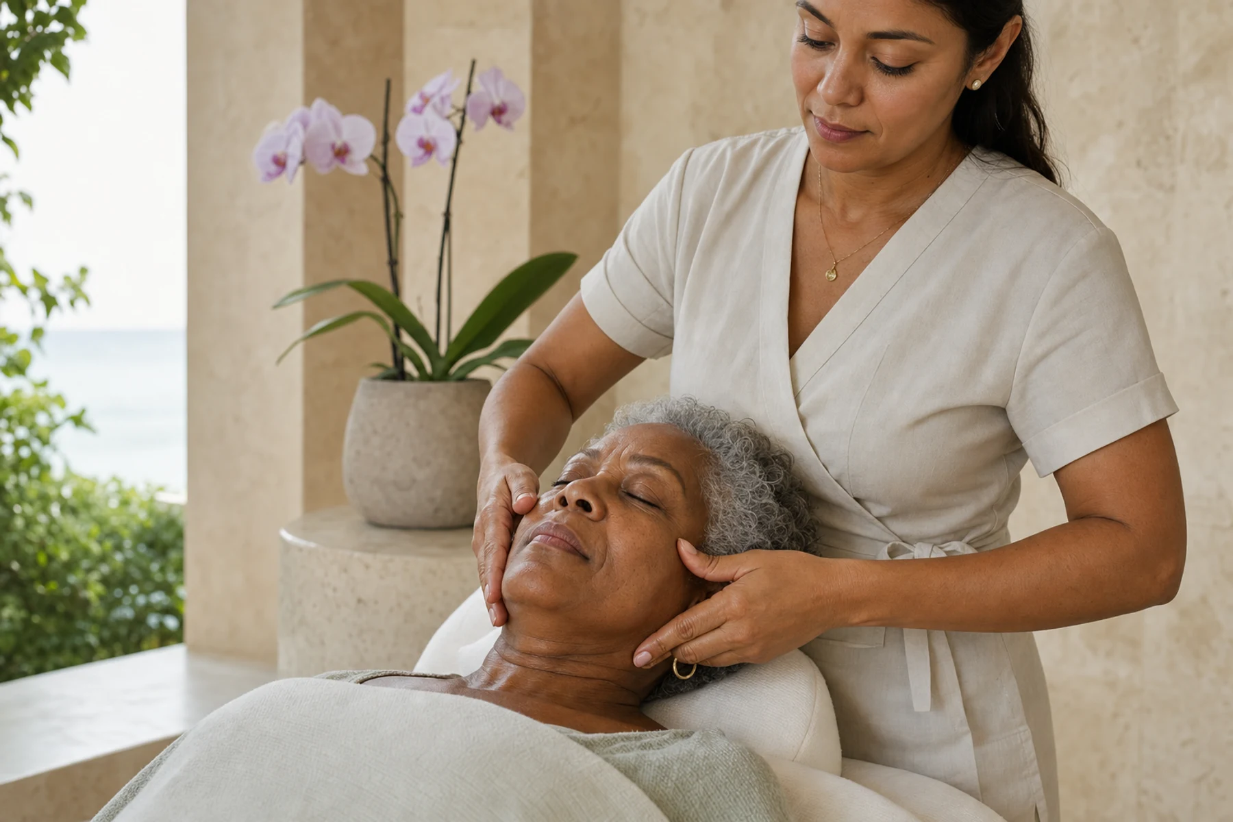 Skin therapist performing a two-handed facial massage for a mature adult client