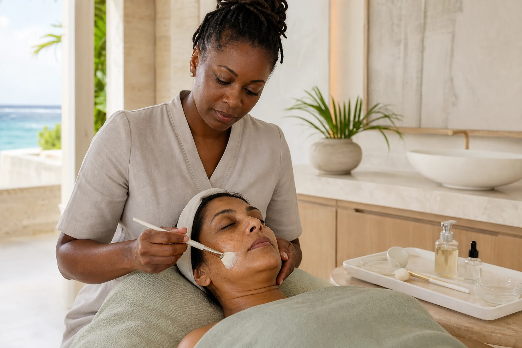 Esthetician brushing a translucent facial serum onto an adult client's freckled cheek