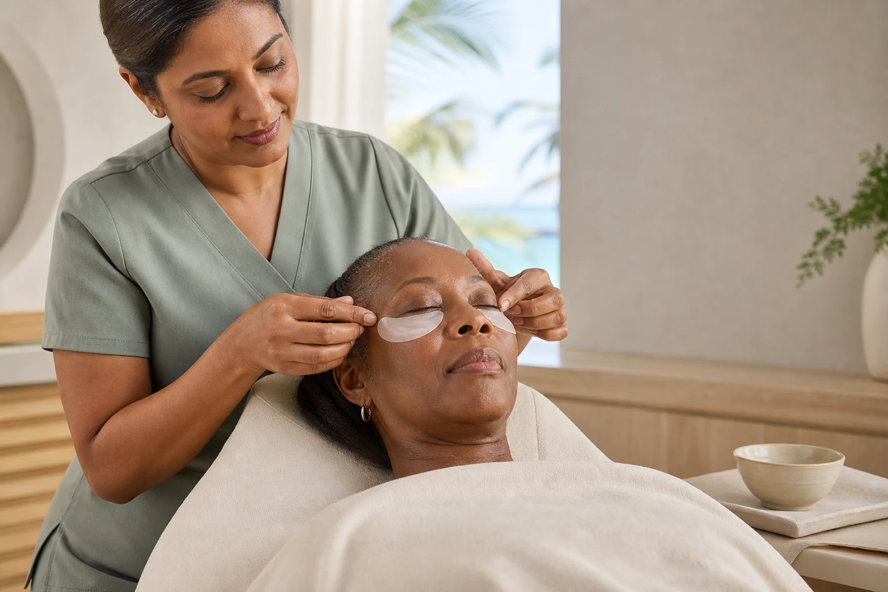 Skin therapist positioning cooling crescent patches beneath an adult client's eyes