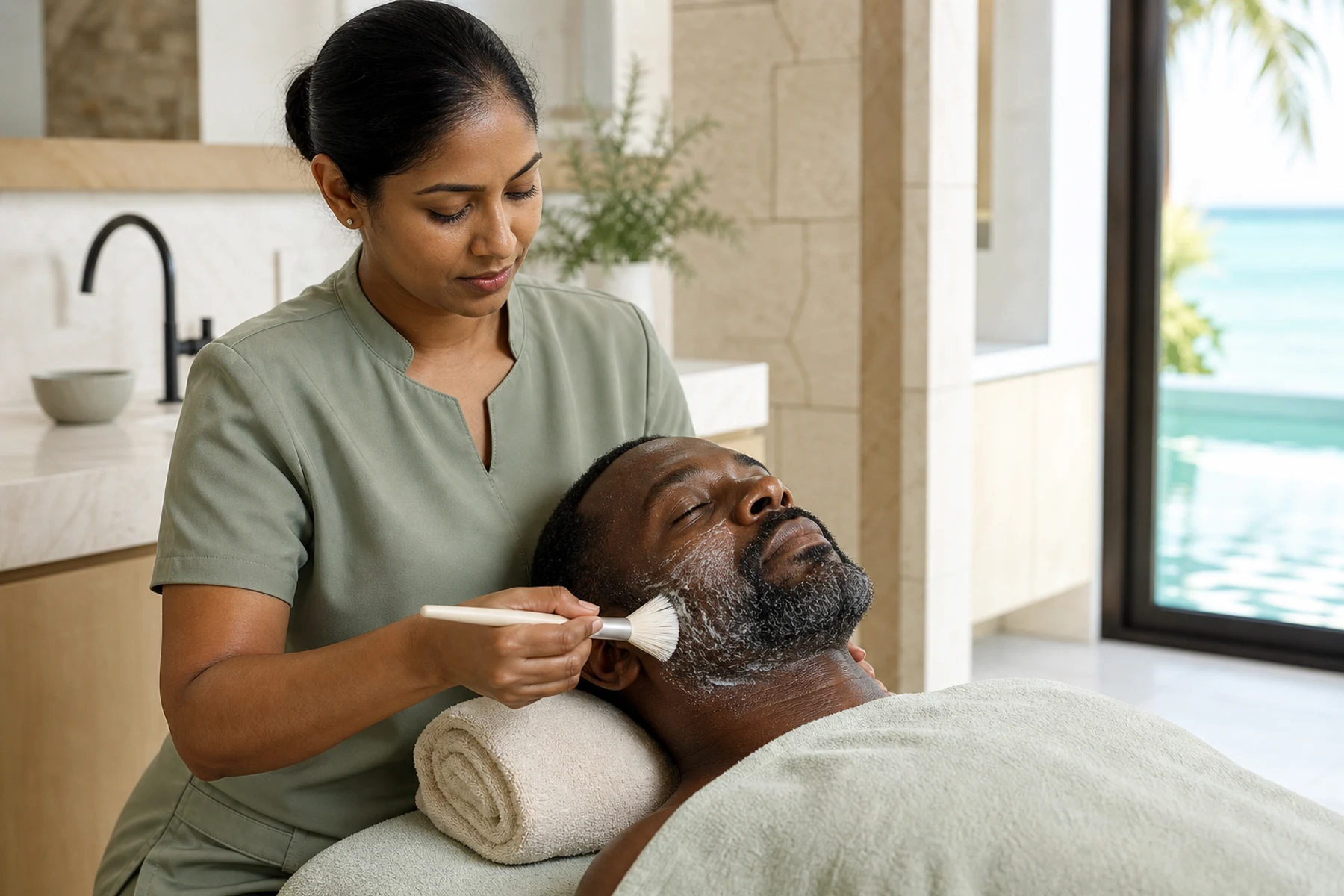 Esthetician applying a cleansing treatment along an adult man's beard and jaw