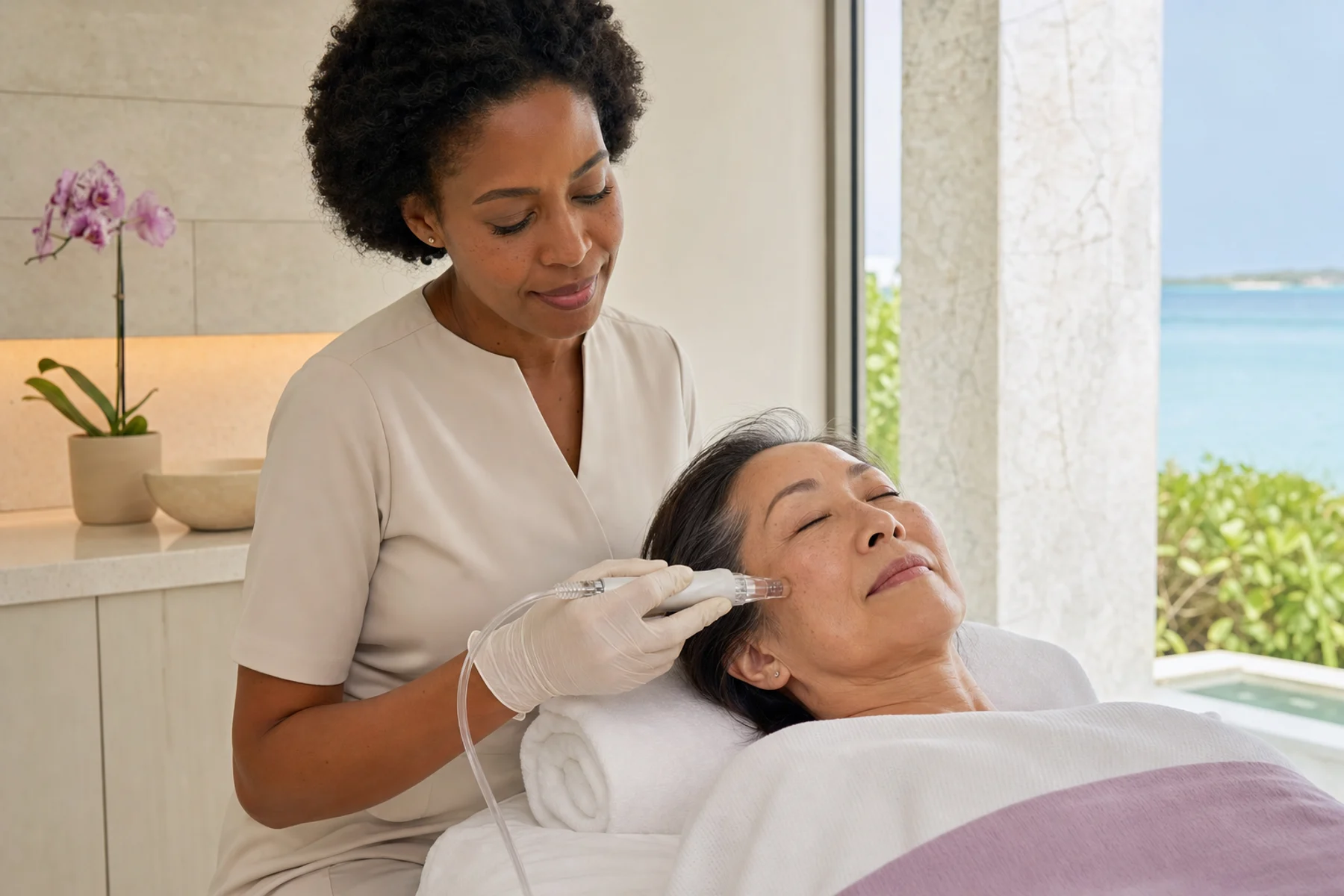 Skin therapist using an unbranded hydration handpiece on a mature adult client's cheek