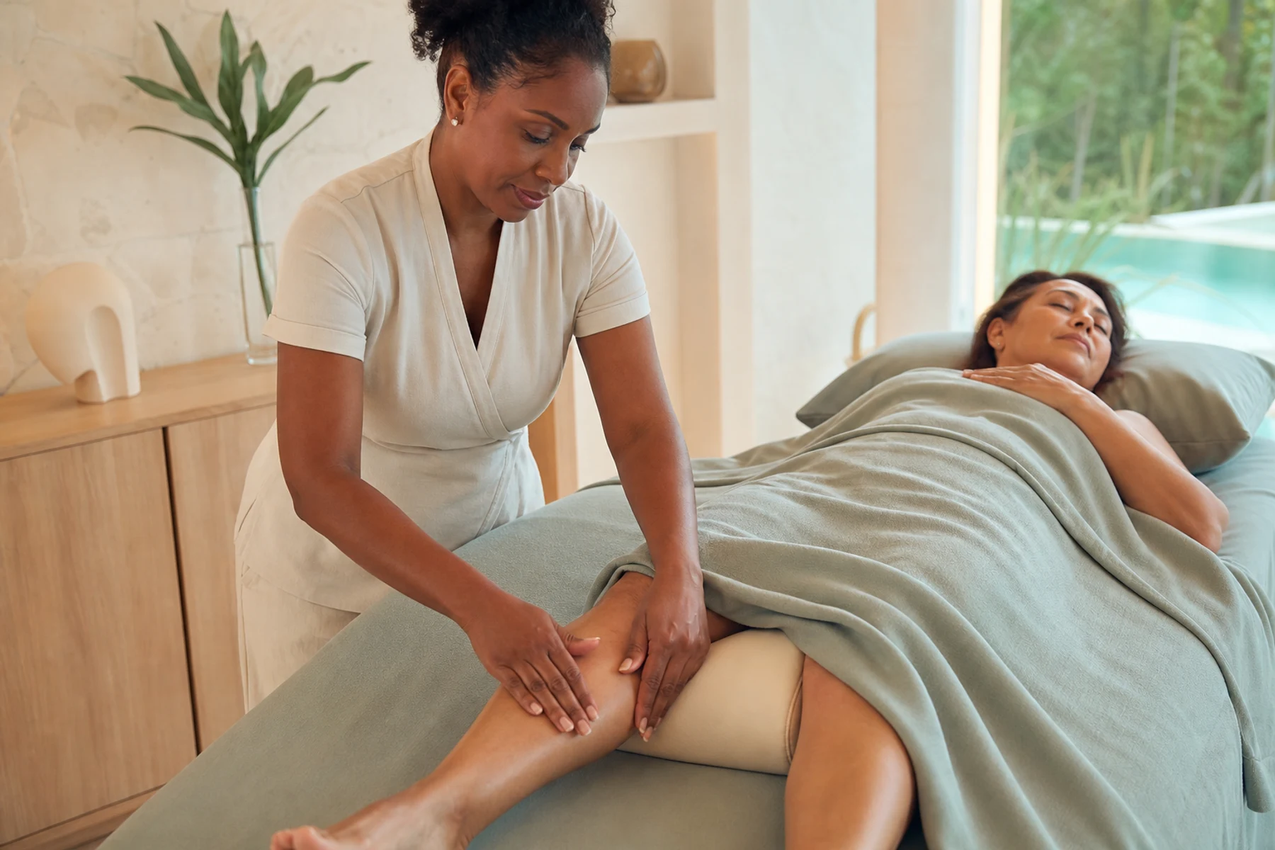 Massage therapist using light flat-hand strokes along a supported adult client's lower leg