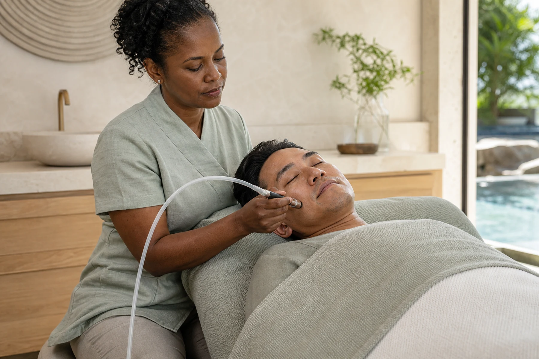 Esthetician using an unbranded microdermabrasion handpiece on an adult client's cheek