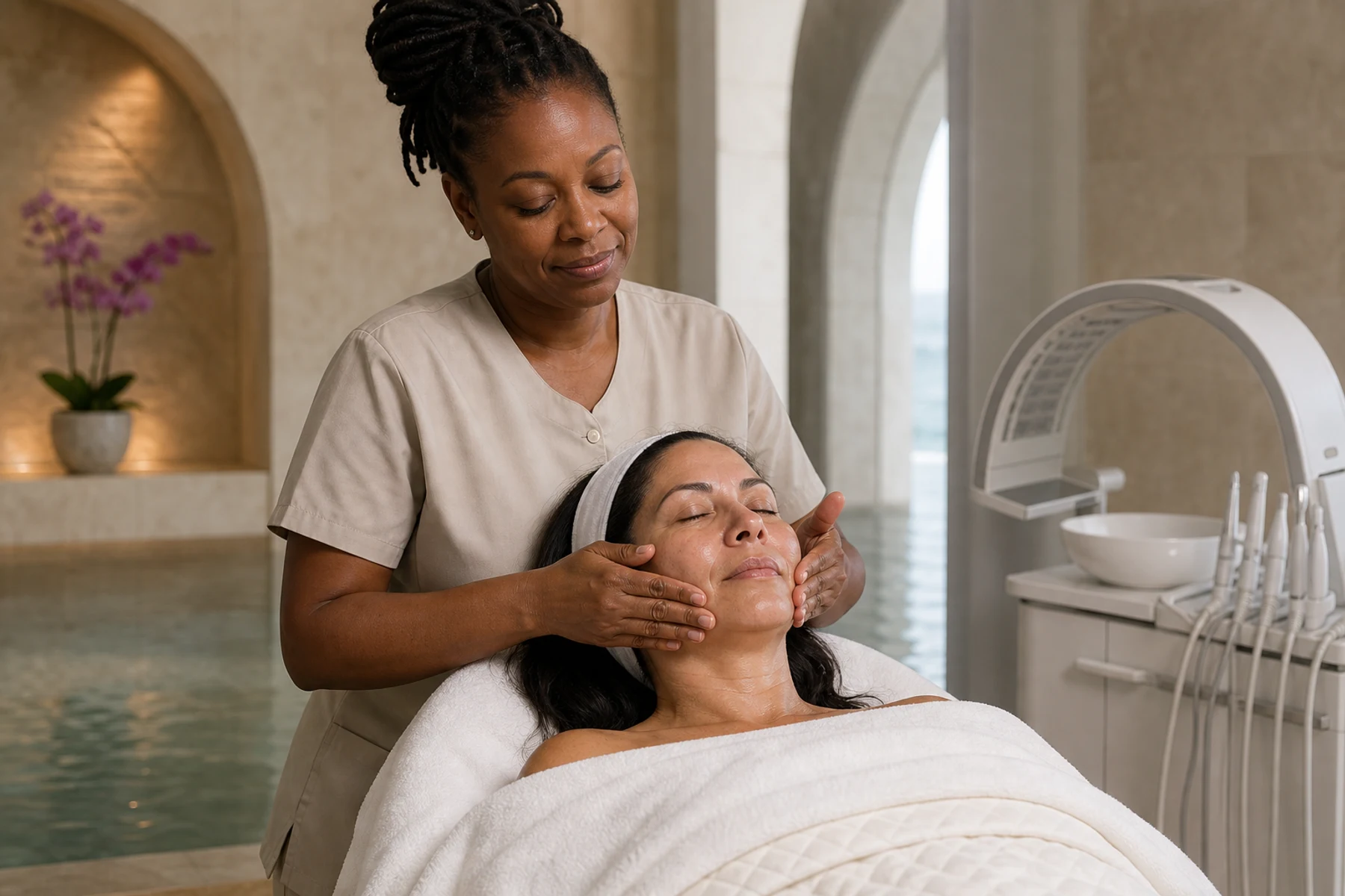Skin therapist pressing hydrating serum into an adult client's cheeks after a facial