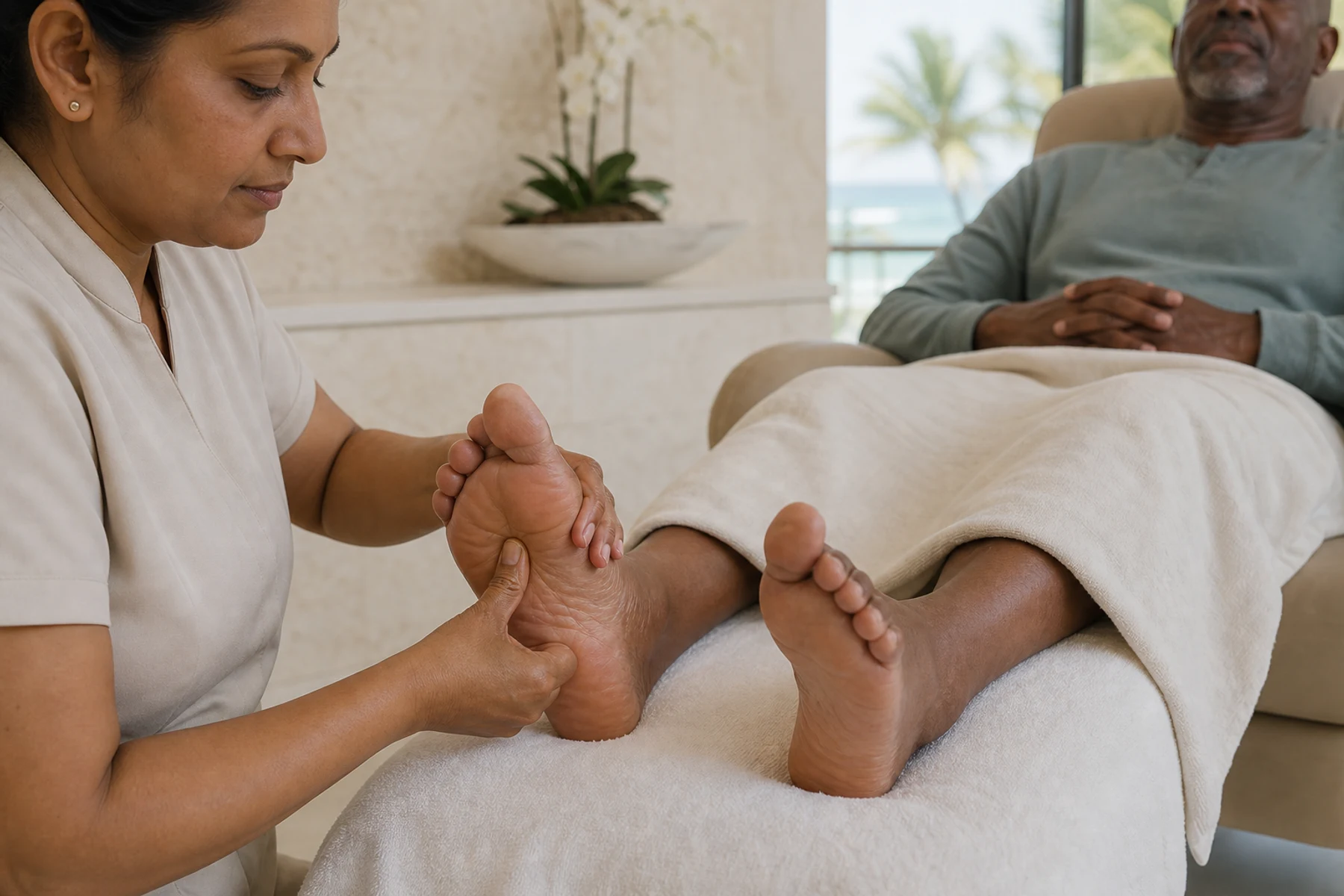 Reflexology therapist applying precise thumb pressure to an adult client's foot