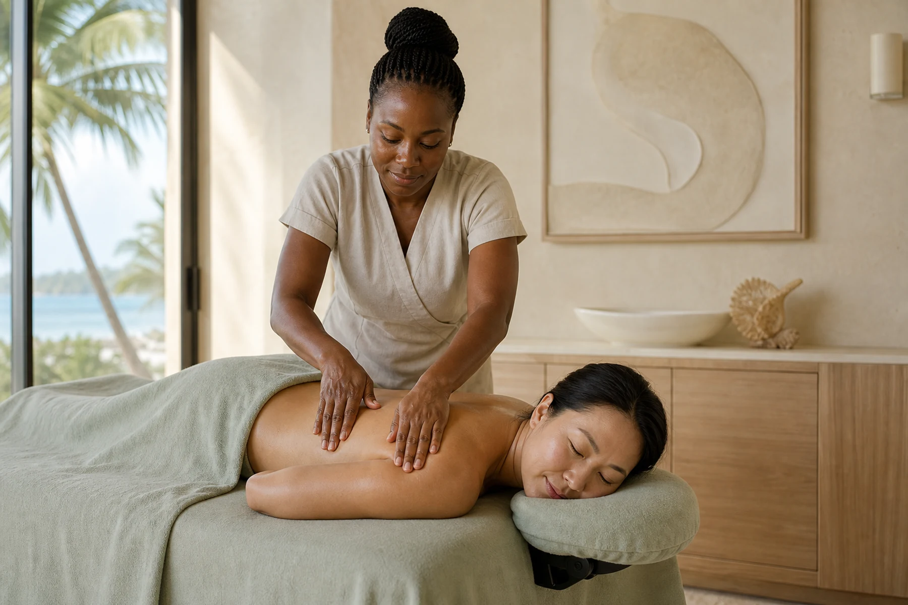 Massage therapist using long gliding strokes across a professionally draped adult client's upper back