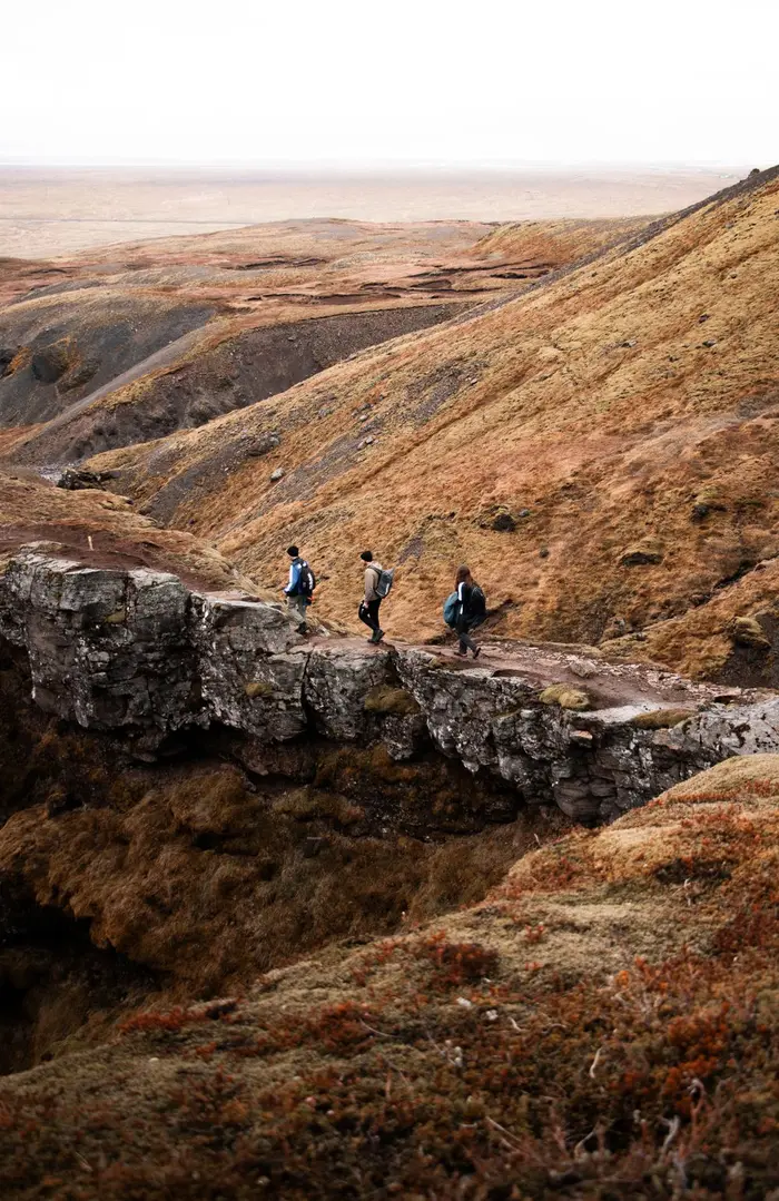 A group of hikers walking together in the mountains