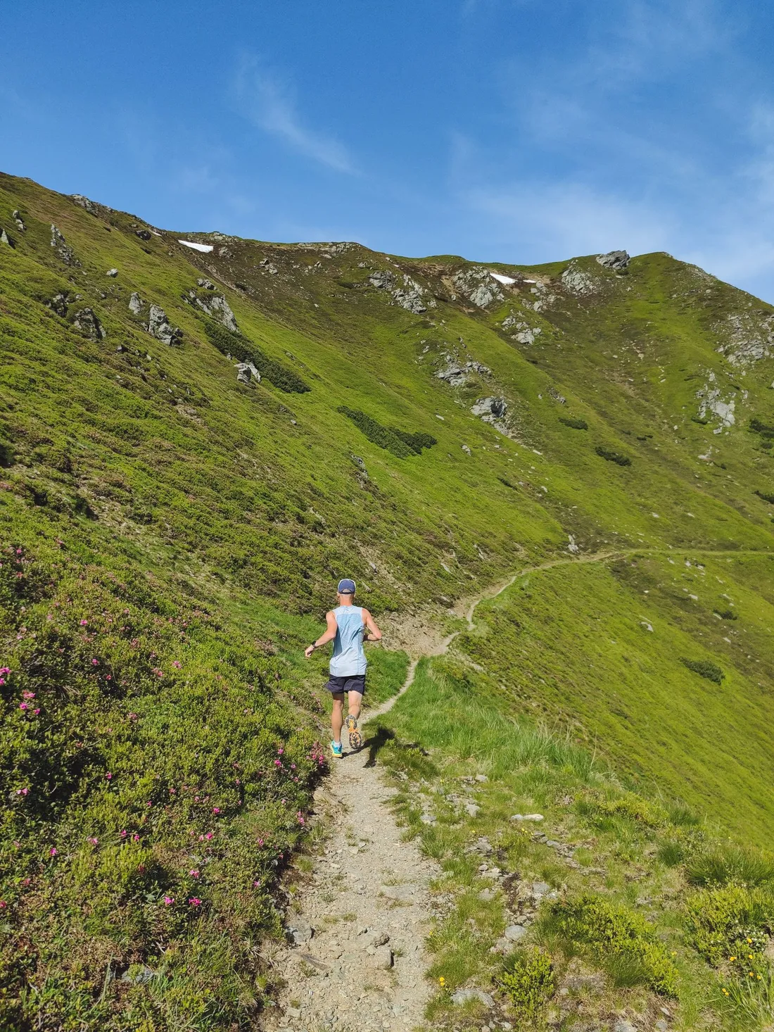 A trail runner moving through a green mountain landscape
