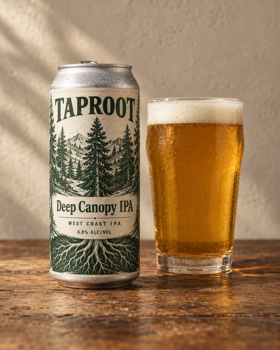 Deep Canopy IPA — labeled TAPROOT can and a freshly poured West Coast IPA