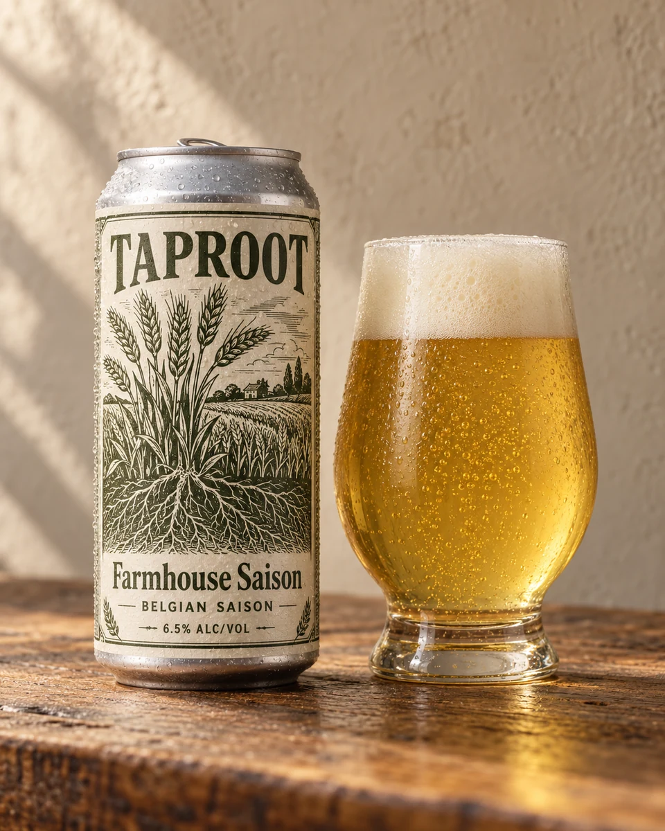 Farmhouse Saison — labeled TAPROOT can and a freshly poured Belgian Saison