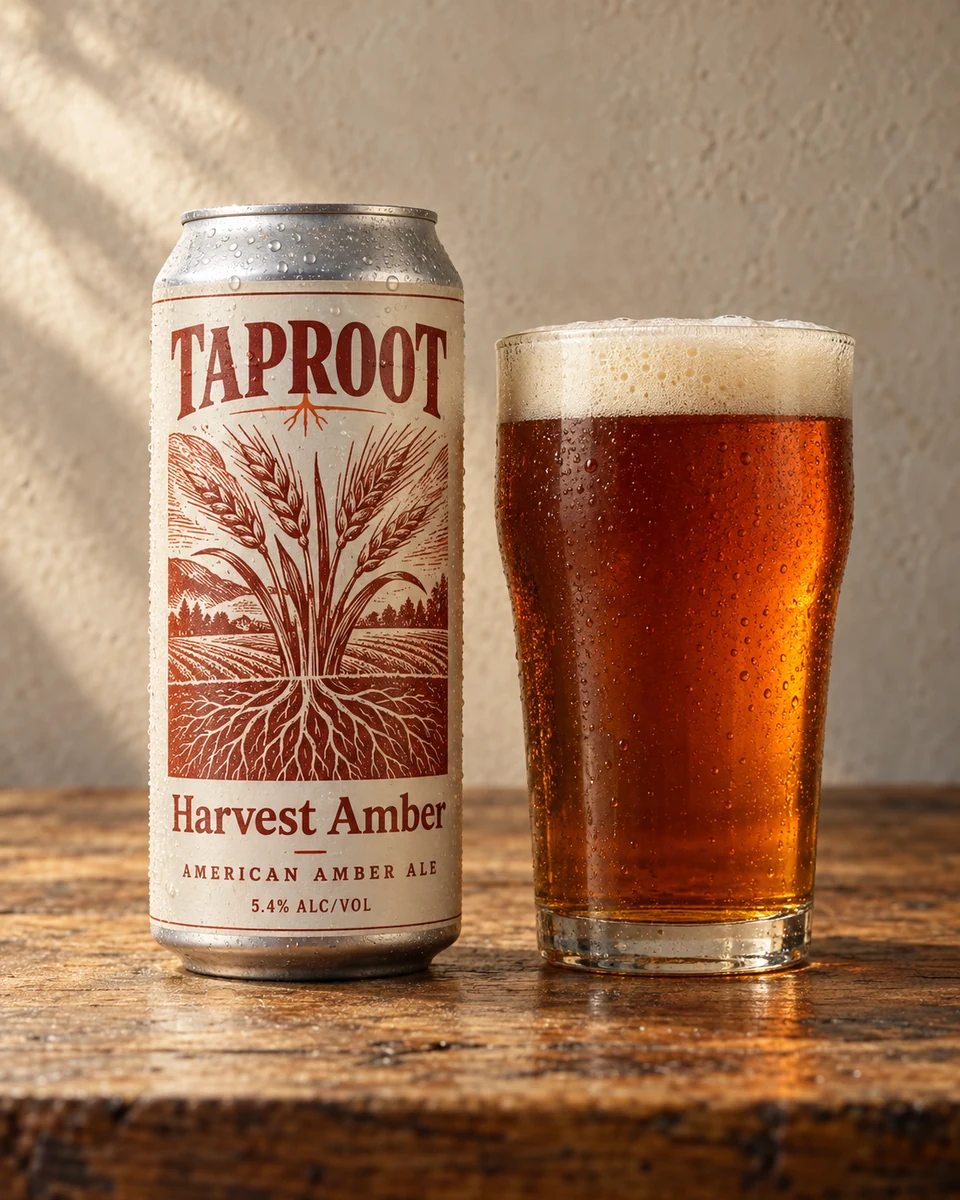 Harvest Amber — labeled TAPROOT can and a freshly poured American Amber Ale