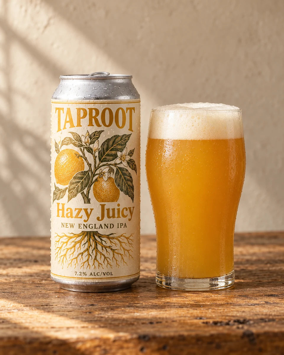 Hazy Juicy — labeled TAPROOT can and a freshly poured New England IPA