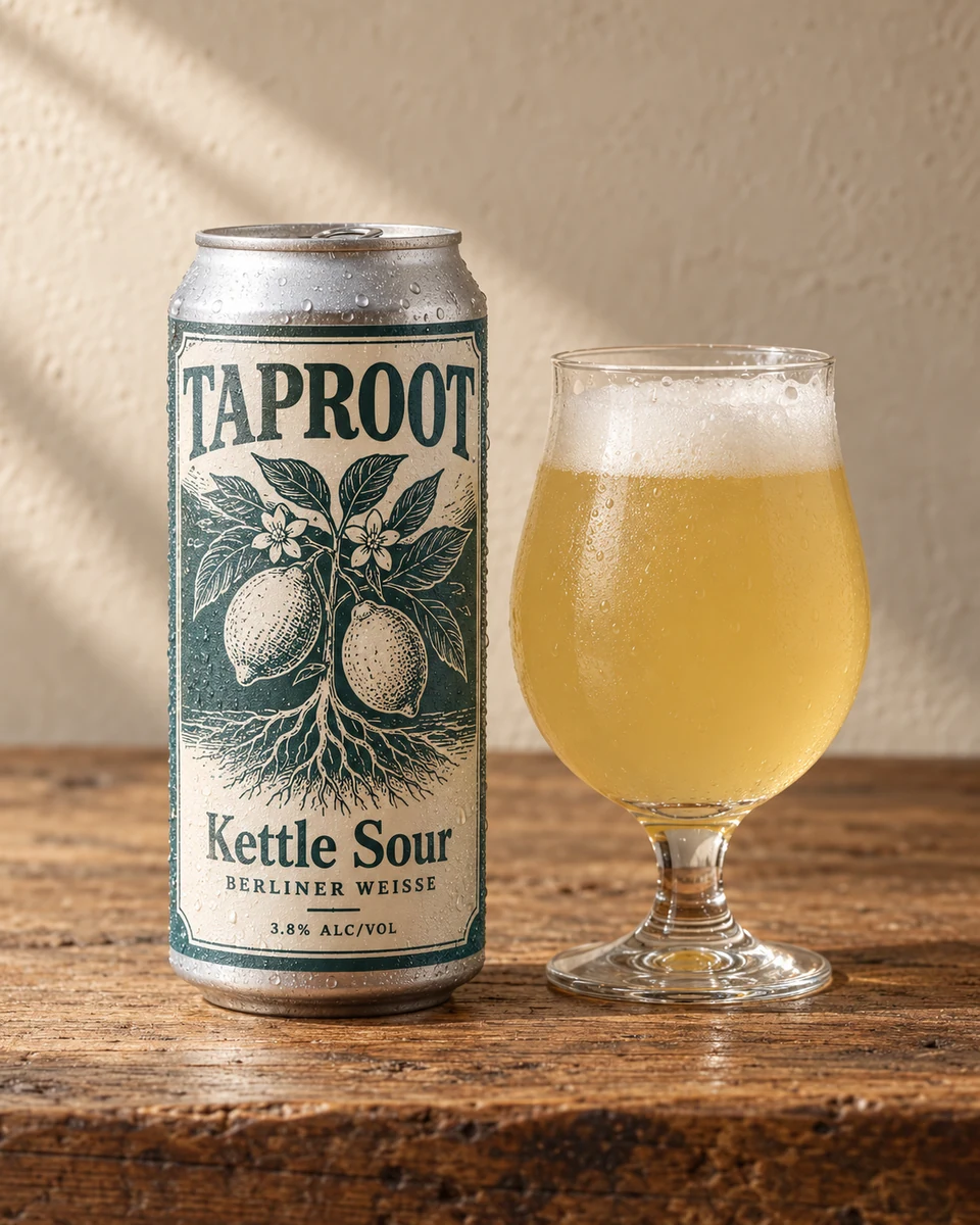 Kettle Sour — labeled TAPROOT can and a freshly poured Berliner Weisse